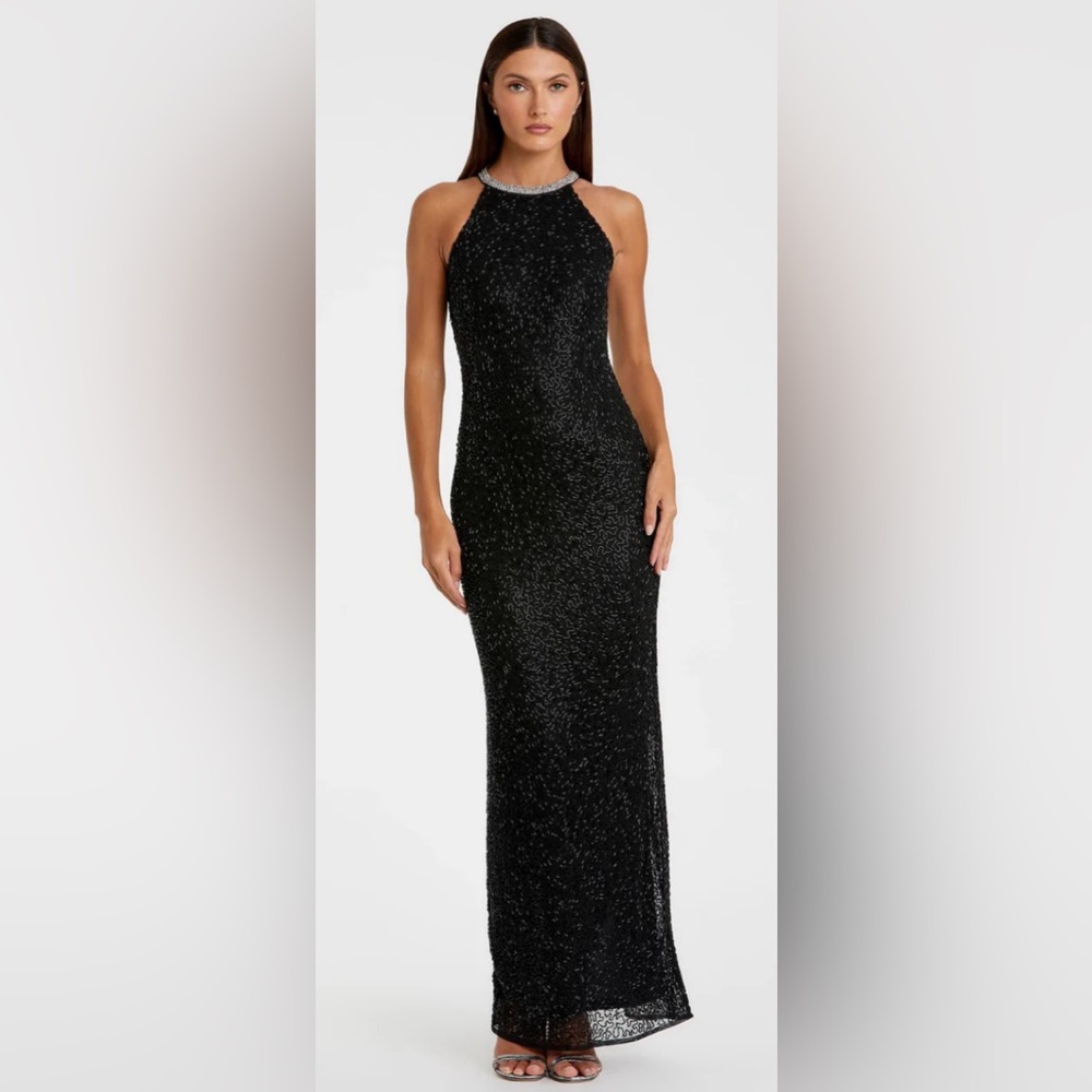 Mac Duggal Beaded Sleeveless High Neck Column Gown